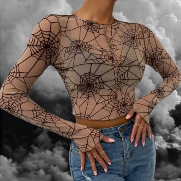 Tan Sheer Top with Brown Spider Webs Stretchy Long Sleeved Seemed Detail - Picture 1 of 7